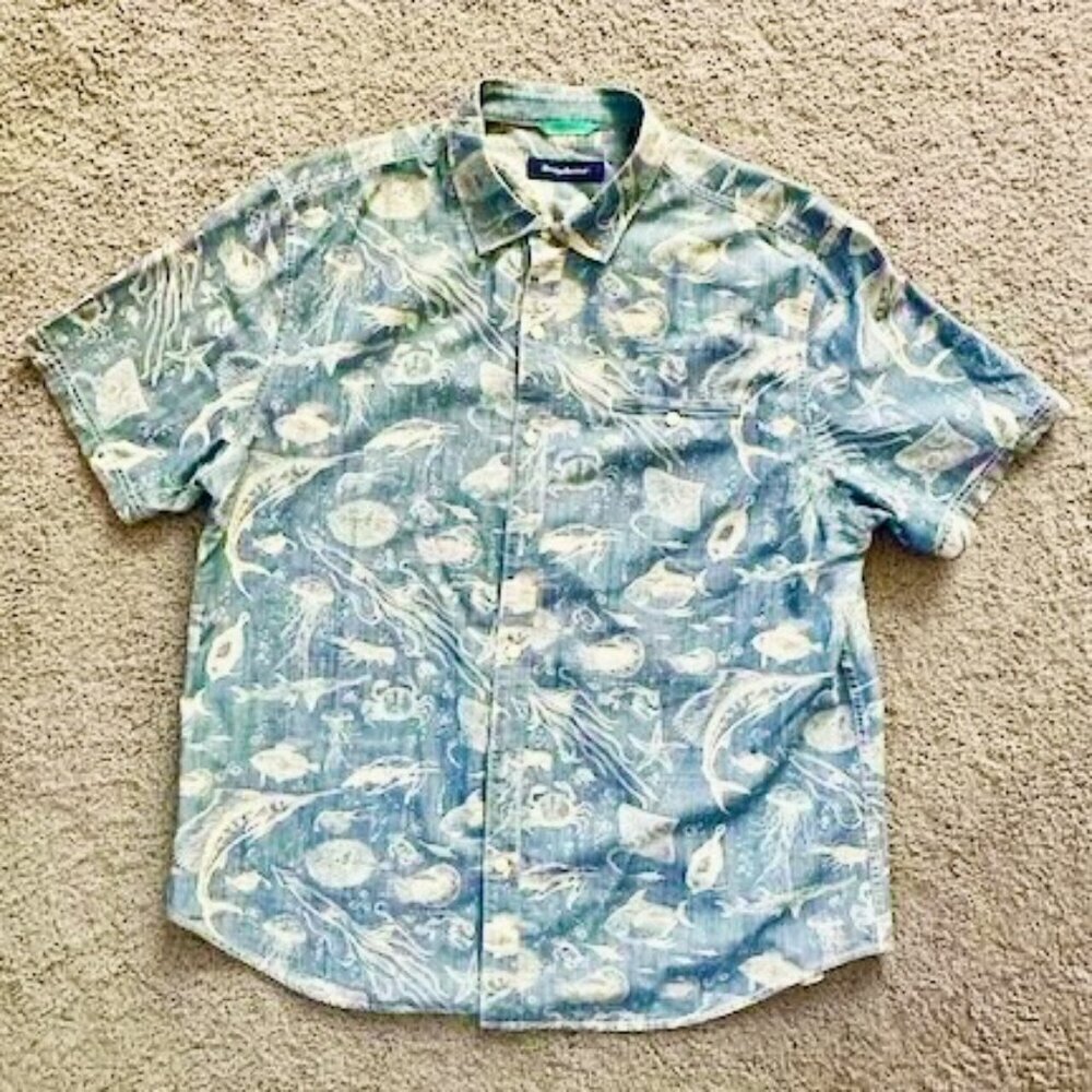 Tommy Bahama Blue Marine Ocean Animal and Fish Print Camp Shirt Sz XL  EUC
